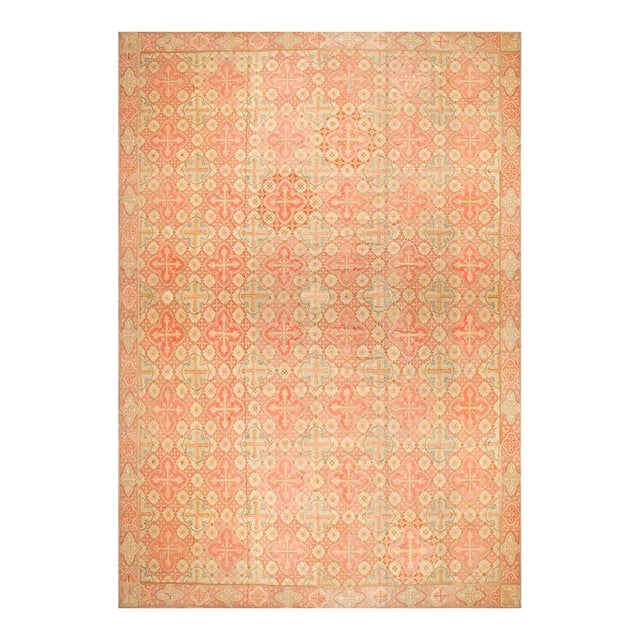 1870s Pink Cross Diamond Antique French Needlepoint Rug 14'4" X 18'8" Flatweave Wool Carpet For Sale