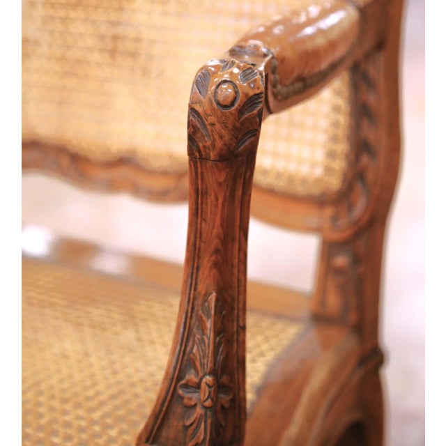 Pair Mid-Century French Louis XV Style Walnut Caned and Leather Desk Armchairs For Sale - Image 9 of 13