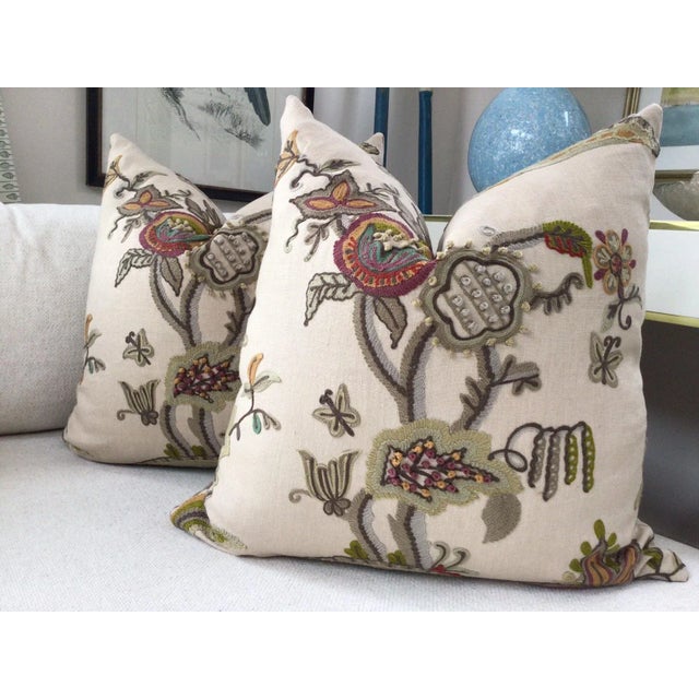 Lee Jofa "Cambria Crewel" in Plum and Moss Pillows - a Pair For Sale - Image 4 of 4