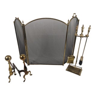 Vintage Brass Fireplace Ensemble With Folding Screen, Andirons & Fire Tools For Sale