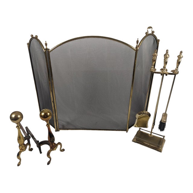 Vintage Brass Fireplace Ensemble With Folding Screen, Andirons & Fire Tools For Sale