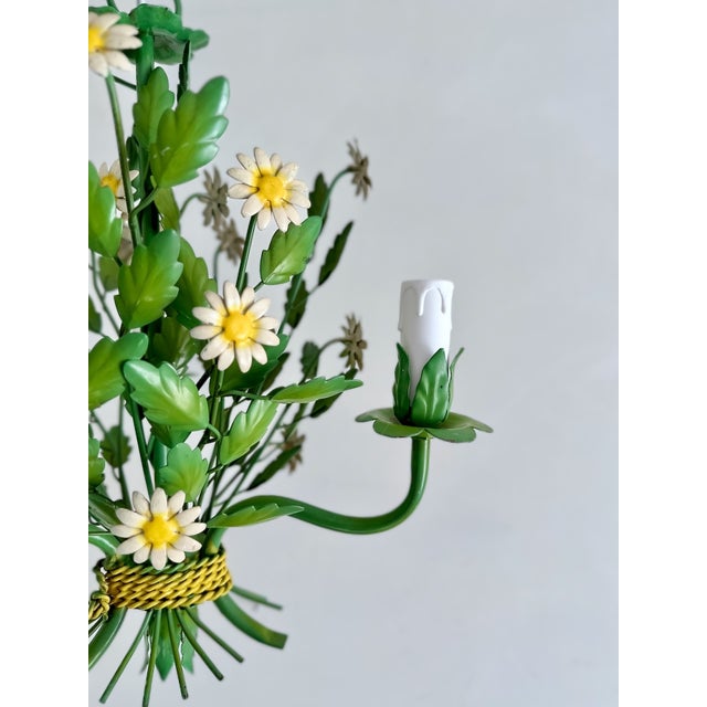 Italian three-light chandelier in painted tole, attributed to Sergio Terzani, Florence, circa 1970s. It features white...