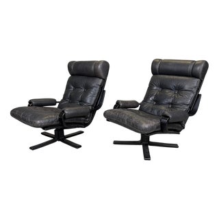 Mid-Century Modern Spinning Chairs in Black Leather, 1970s, Set of 2 For Sale