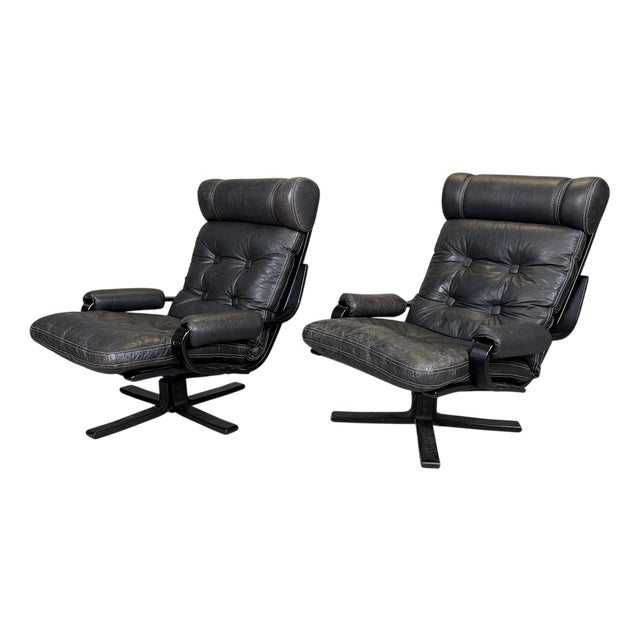 Mid-Century Modern Spinning Chairs in Black Leather, 1970s, Set of 2 For Sale