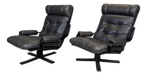Mid-Century Modern Spinning Chairs in Black Leather, 1970s, Set of 2