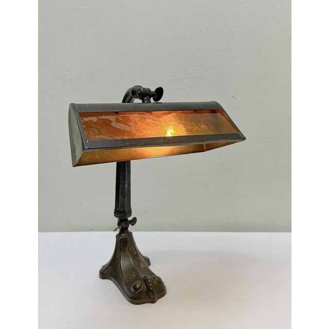 Art Nouveau Bankers Lamp in Brass with Colored Glass Lampshade, 1930s For Sale - Image 3 of 12