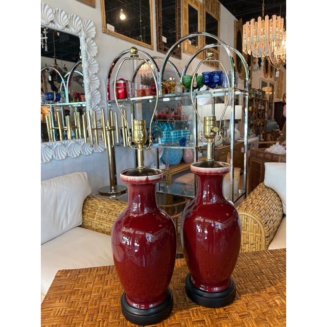 Vintage Pair of Porcelain Oxblood Red Flambe Chinoiserie Table Lamps Newly Wired For Sale - Image 10 of 11