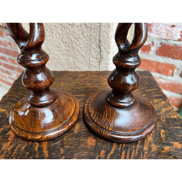 19th Century Antique English Oak Open Barley Twist Candlesticks Jacobean Pair C1860 12.5” For Sale - Image 5 of 18