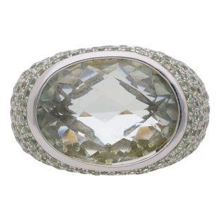 13.50 Carat Oval Checkerboard Cut Green Amethyst Pave 14k White Gold Dome Ring, Size 7.25 For Sale