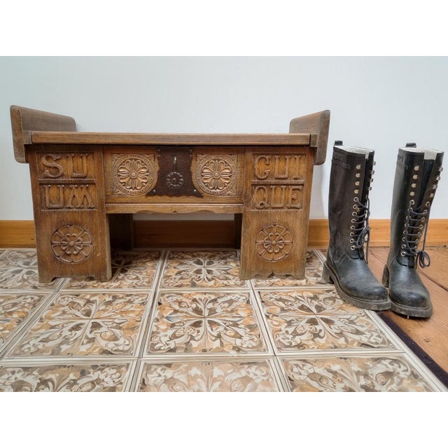 Brutalist Oak Hall Chest Bench with Black Iron Hardware, 1960s For Sale - Image 9 of 13