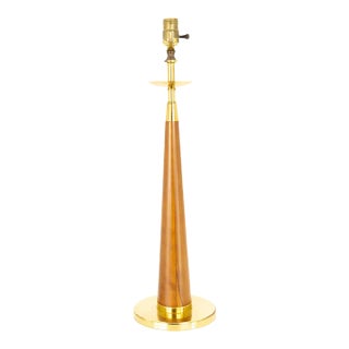 Mid Century Teak and Brass Cone Shaped Table Lamp For Sale