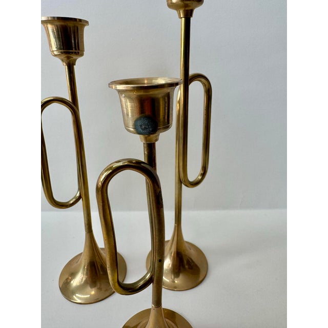 Metal Vintage Brass Tabletop Collection: Trumpet & Reindeer Taper Holders - Set of 5 For Sale - Image 7 of 9