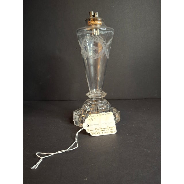 American Rare Antique 1840 Eapg Flint Glass Whale Oil Lamp | Wheel-Etched Font & Starburst Base For Sale - Image 3 of 13