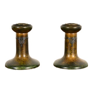 Heintz Arts & Crafts Sterling Silver on Bronze Candlesticks, Pair For Sale