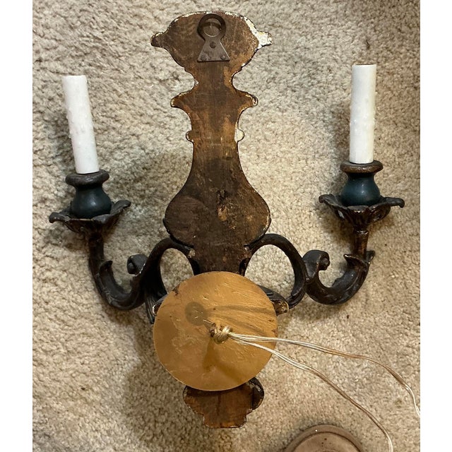 Italian Mid-Century Italian Carved Giltwood Blue Painted Sconces W/ French Styling - Pair For Sale - Image 3 of 5