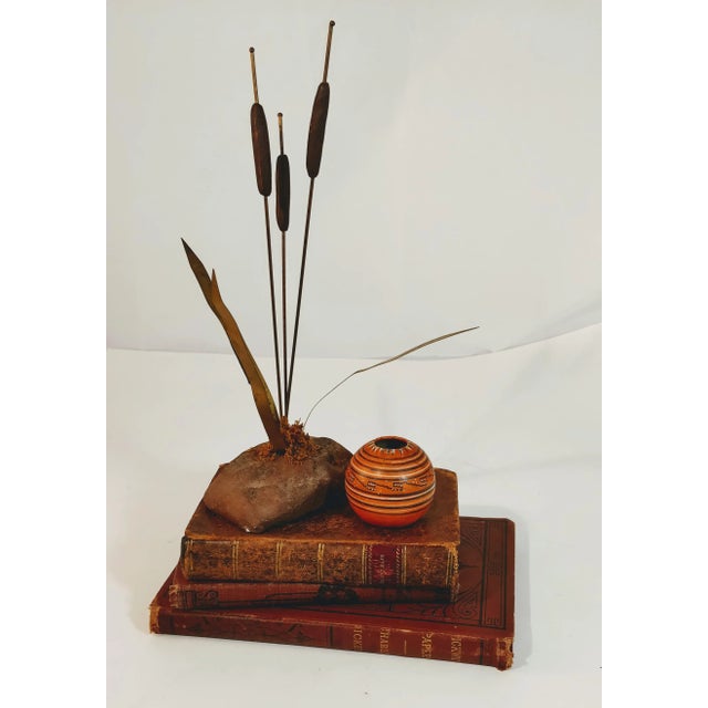 Metal Vintage Brass Cattails Mid Century Rock Decor For Sale - Image 7 of 11