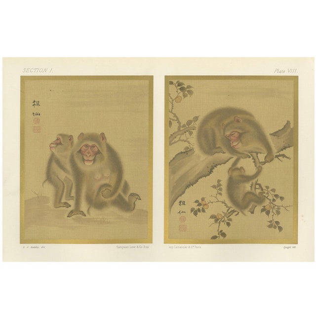 Lemercier, Japanese Monkeys with Peaches, Prints, Set of 2 For Sale