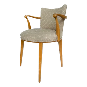 Mid 20th Century Sycamore Wood Upholstered Vanity or Desk Chair With Stylized Wood Arms and Legs