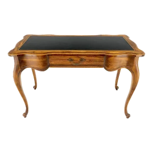 Small Black Leather Top One Drawer Cabriole Carved Leg Chestnut Desk Console