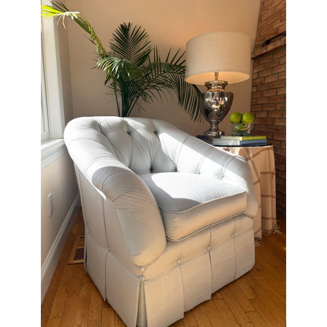 Custom Swivel Tufted Armchair and Ottoman For Sale - Image 4 of 18