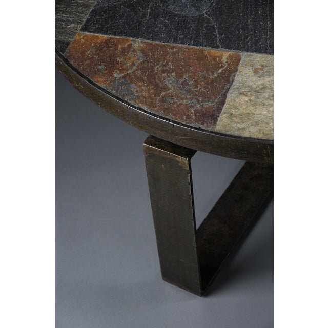 Brutalist Round Coffee Table in Norwegian Slate, Concrete and Hammered Brass attributed to Paul Kingma, Netherlands, 1970s For Sale - Image 10 of 14