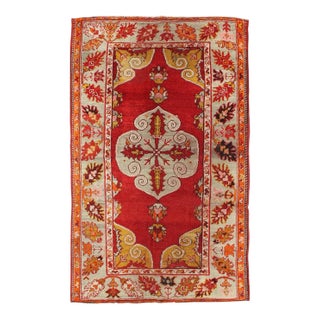 Antique Turkish Oushak Rug With Bright Red Ground and Center Medallion For Sale
