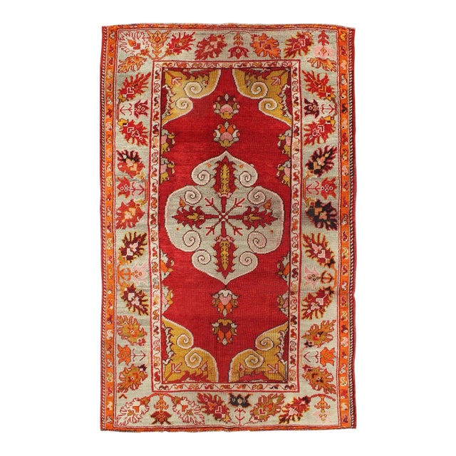 Antique Turkish Oushak Rug With Bright Red Ground and Center Medallion For Sale