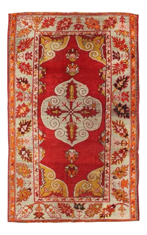 Antique Turkish Oushak Rug With Bright Red Ground and Center Medallion