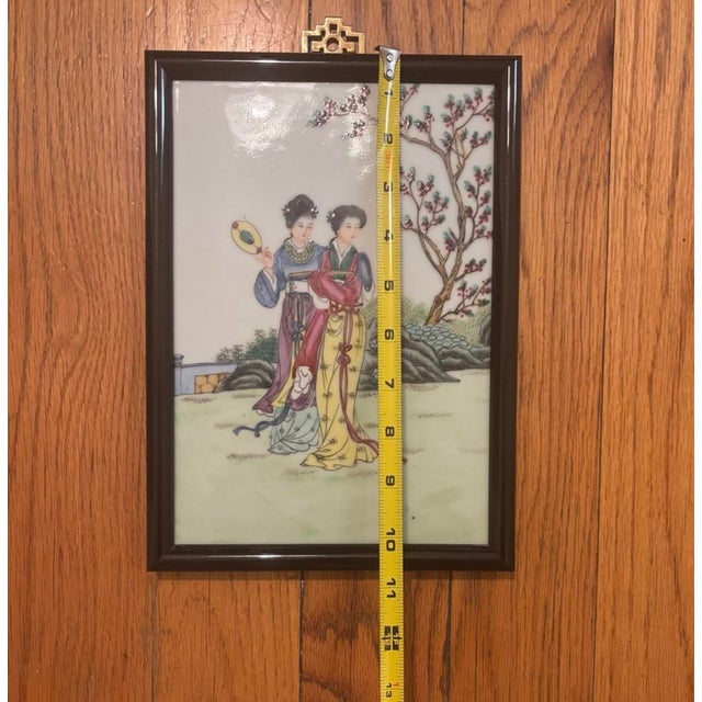 Vintage Chinese Famille Rose Hand Painted and Framed Porcelain Tiles Set of 4 For Sale - Image 11 of 12
