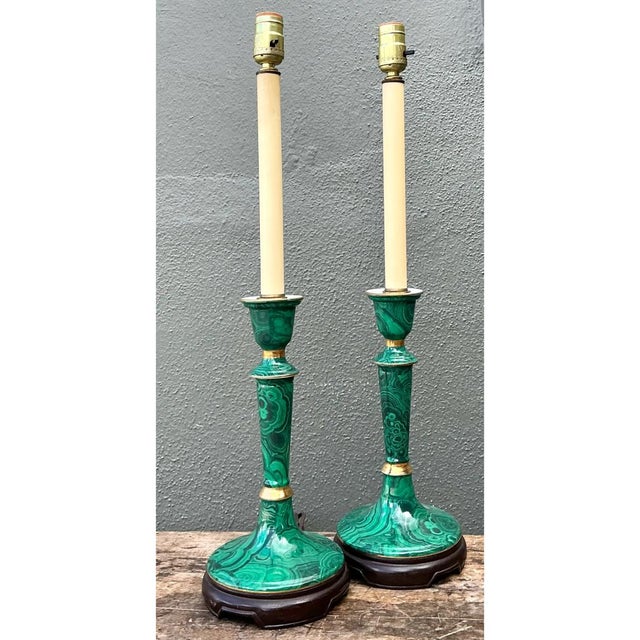 Vintage Green Lacquered Candlestick Table Lamps - Pair For Sale - Image 9 of 12