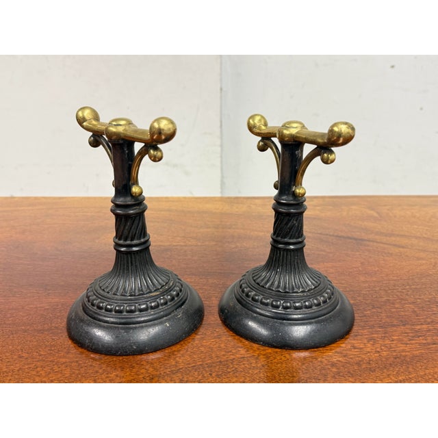 Antique Heavy Casted Iron + Brass Fire Dogs, Pair For Sale - Image 4 of 12