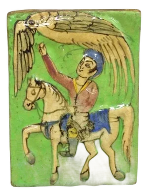 Antique Persian Iznik Qajar Style Ceramic Pottery Green Tile Phoenix W/ Rider C4