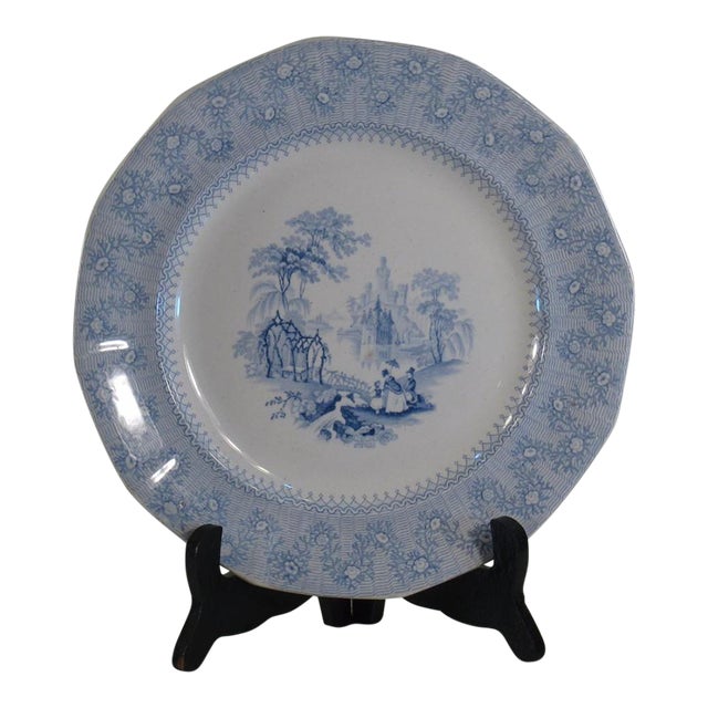 Dinner Wall Plate, Blue Transferware Scenic, John G Alcock Blantyre Cobridg 19th C. England For Sale