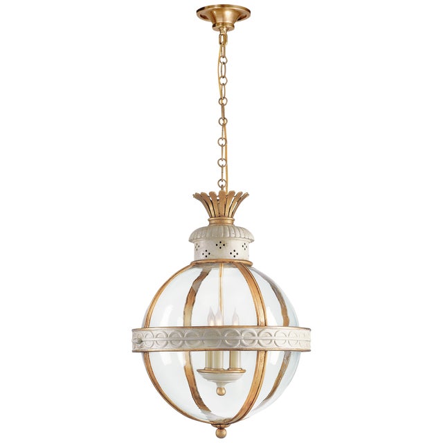 Chapman & Myers for Visual Comfort Signature Crown Top Banded Globe Lantern in Antique White with Clear Glass For Sale