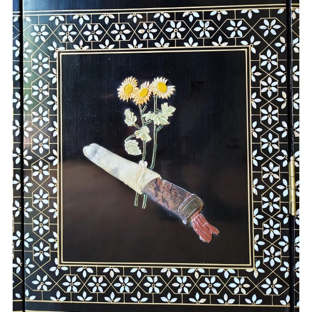 Black Chinese Export Six Panel Carved Soapstone Coromandel Screen For Sale - Image 8 of 15