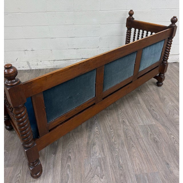 Antique Jacobean Revival Blue Velvet Upholstered Oak Hall Settee Daybed Bench For Sale - Image 18 of 18