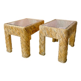 1980s Organic Modern Crosshatch Woven Rattan & Glass End Tables in the Style of Maitland-Smith – Pair For Sale