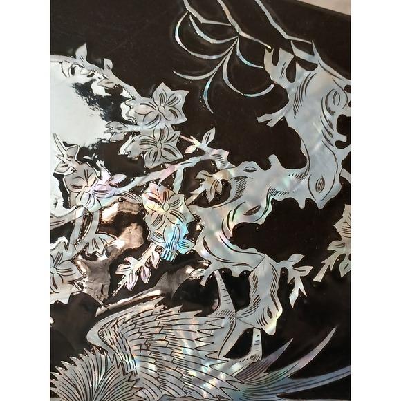Exotic Asian Mother of Pearl Inlay Lacquer Art Panel Peacock Phoenix Birds Black Silver For Sale - Image 12 of 14