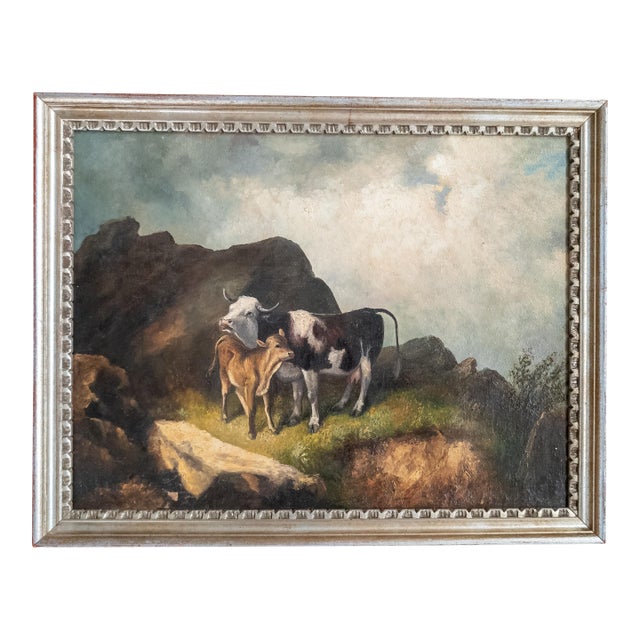 19th Century English or Continental Painting of Cow and Calf in Highlands For Sale