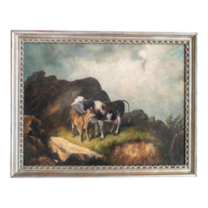 19th Century English or Continental Painting of Cow and Calf in Highlands