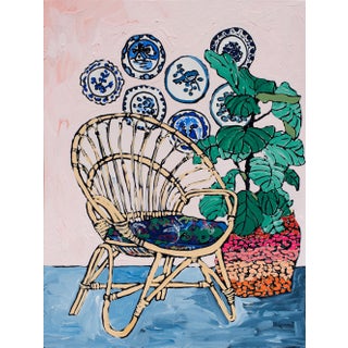Lara Meintjes Circles: Round Rattan Chair and Delft Plates in Tropical Pink Interior Painting For Sale