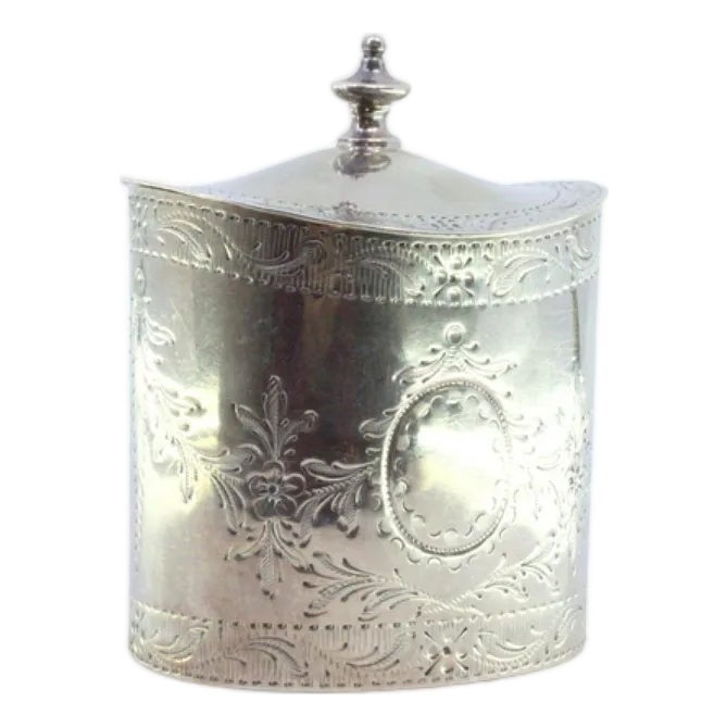 Silver Tea Box with Engravings, Monogram Card and Hinged Lid with Knob ...