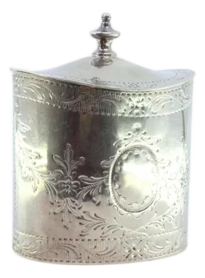 Silver Tea Box with Engravings, Monogram Card and Hinged Lid with Knob