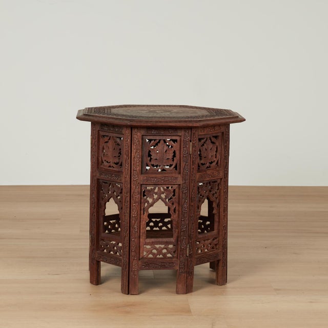 Standout pair of Anglo Indian stands crafted in mahogany with removable octagon tops having floral bone inlays inside a...
