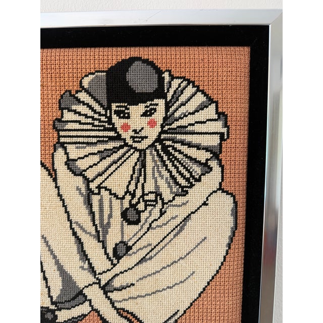 Art Deco Vintage Framed Needlepoint Artwork Depicting a Seated Pierrot Clown With a Large Ruffled Collar For Sale - Image 3 of 4