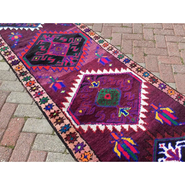 Purple Kurdish Rug Runner, 140" X 37" For Sale In Raleigh - Image 6 of 8