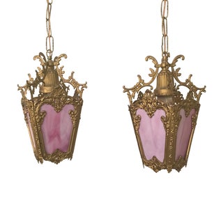 Pink & Gold Hollywood Regency Pendants - A Pair For Sale