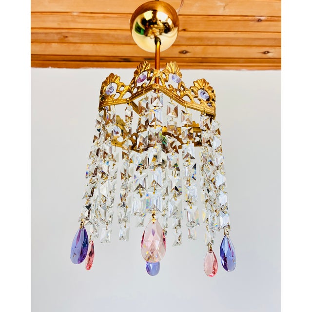 Vintage Brass Crystal Mini Chandelier With Pink Purple Prisms For Sale - Image 13 of 13