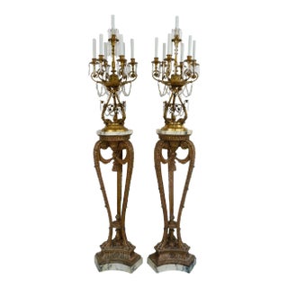 Georgian Style Giltwood Marble Bronze & Crystal Torcheres by E F Caldwell - A Pair For Sale