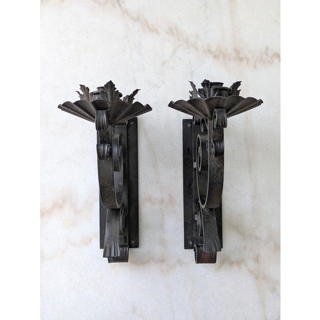 Vintage Spanish Revival Large Wrought Iron Candle Wall Sconces For Sale In Chicago - Image 6 of 7